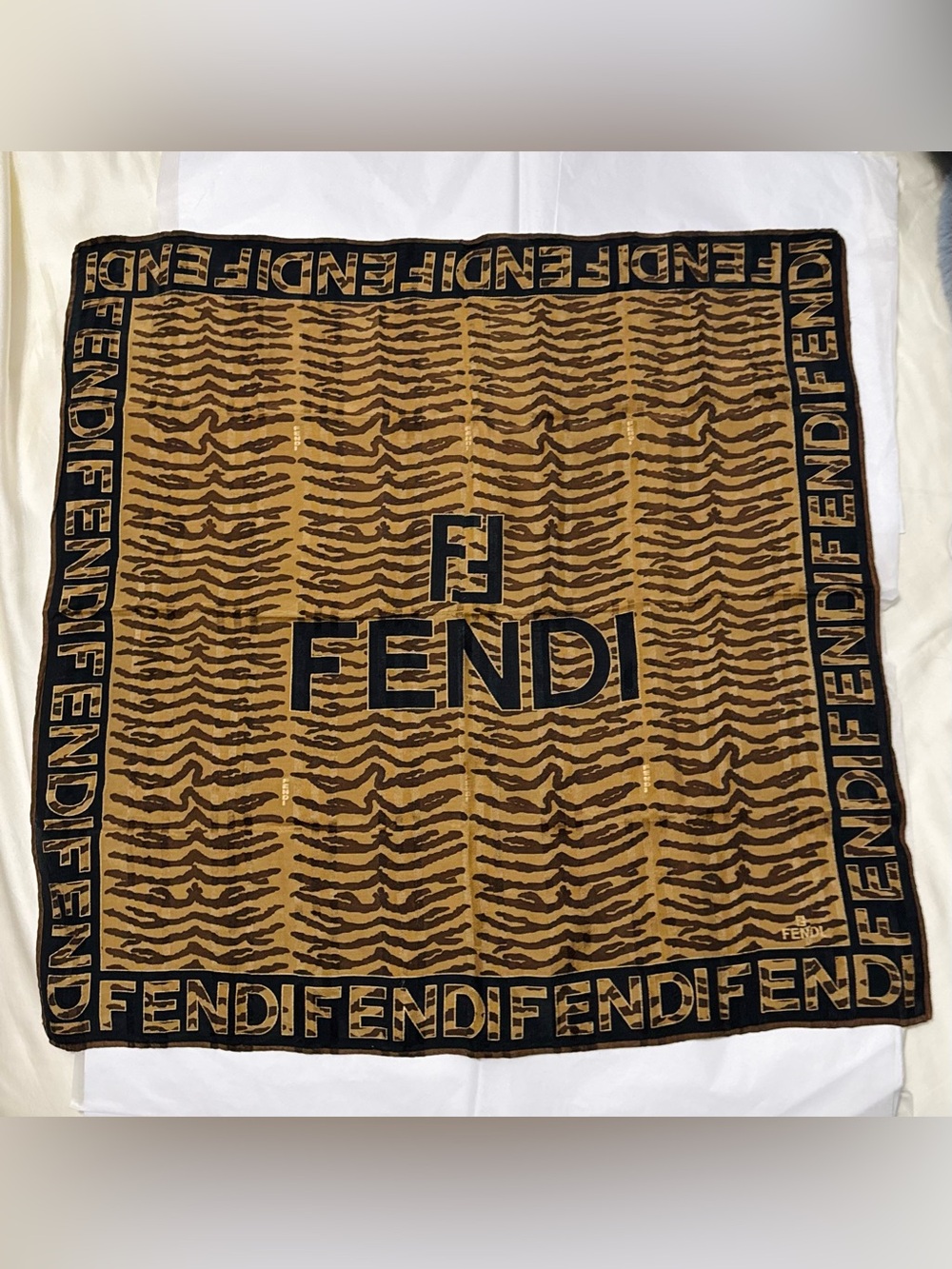 Fendi AUTHENTIC Vintage Logo FF Monogram Brown Black Zebra Small Scarf - Picture 2 of 16